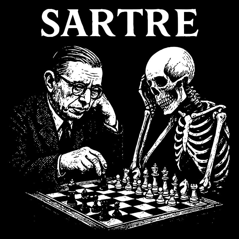 Sartre spielt Schach mit Skelett
