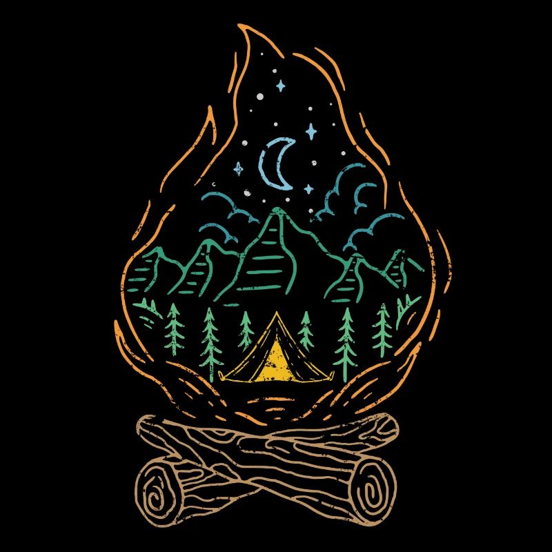 Campfire camping with tent outdoor in the trees forest