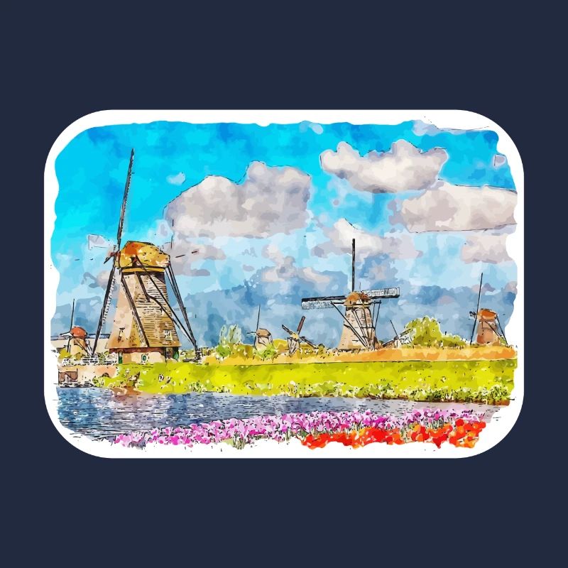 Kinderdijk Moulins à vent Pays-Bas Aquarelle Dessin D