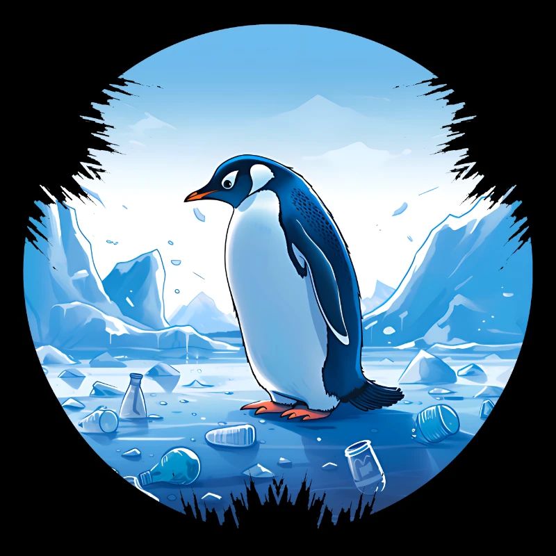Pingouin au milieu des déchets plastiques