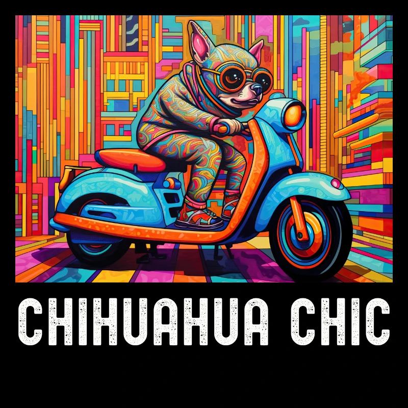 Chihuahua Riding a Colorful Scooter on Pattern