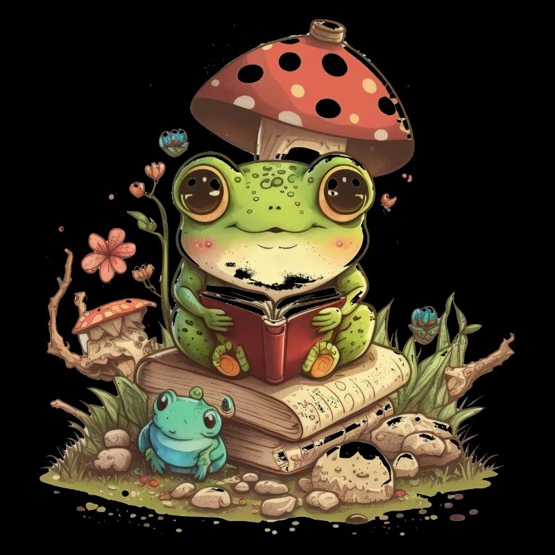 White Cottagecore Esthétique Mushroom Grenouille Lecture