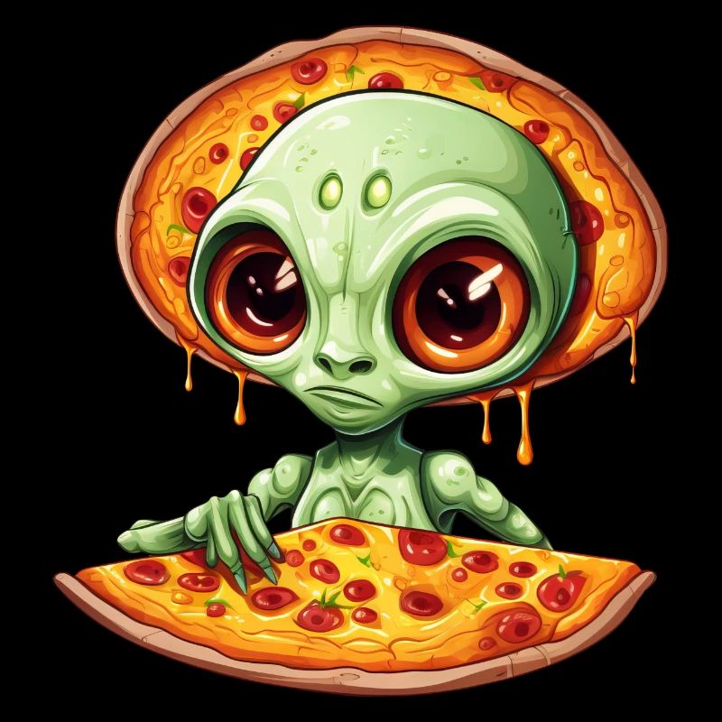 green alien enjoys salami pizza