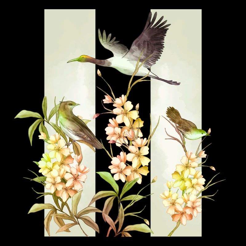 Asiatische Blumen Vögel Aquarell