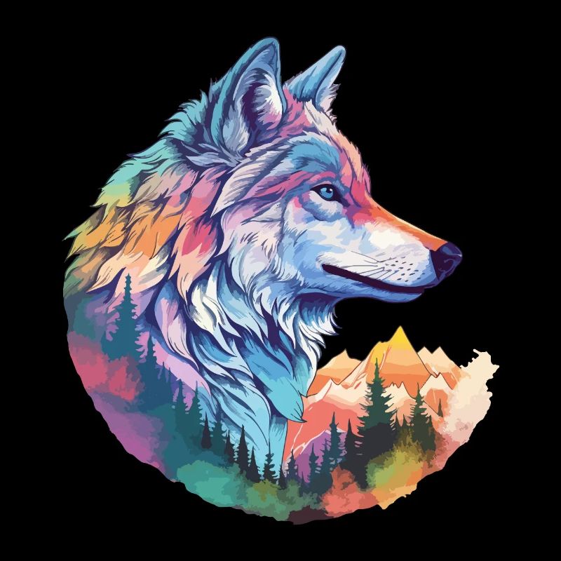 Wolf Wolfskopf Natur Wildnis Wald Bäume Bunt Kunst