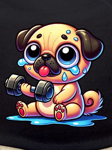 Mops med hantel rolig träning tecknad hund