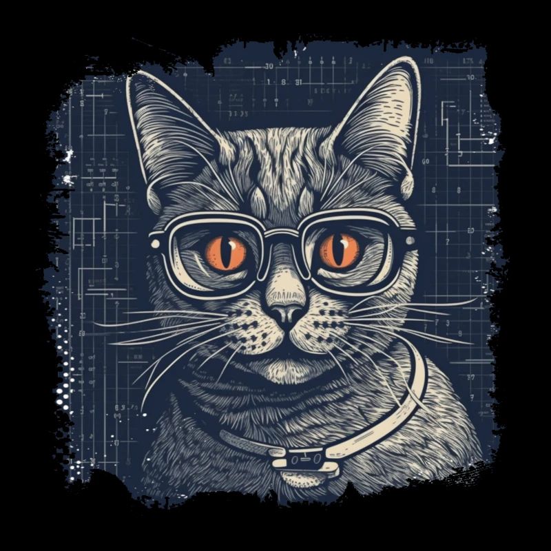 Nerdy cat with glasses and orange eyes