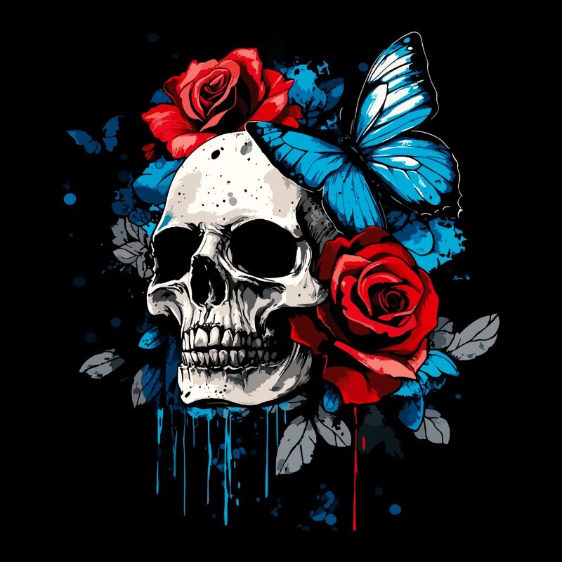 Skull Skull Butterfly Rose Flower