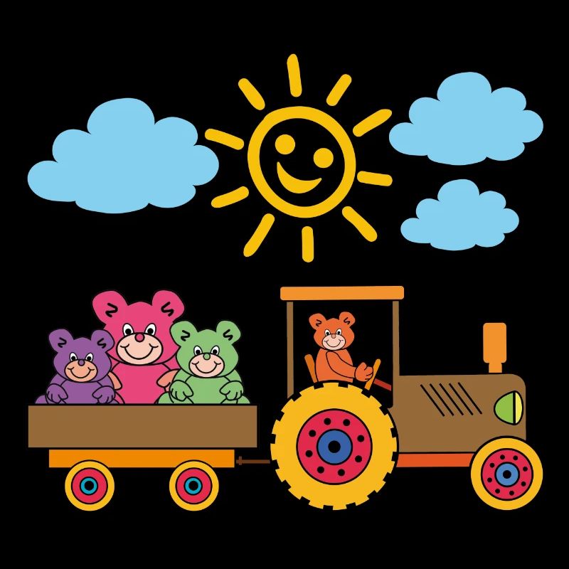 Teddy bears drive tractor with trailer