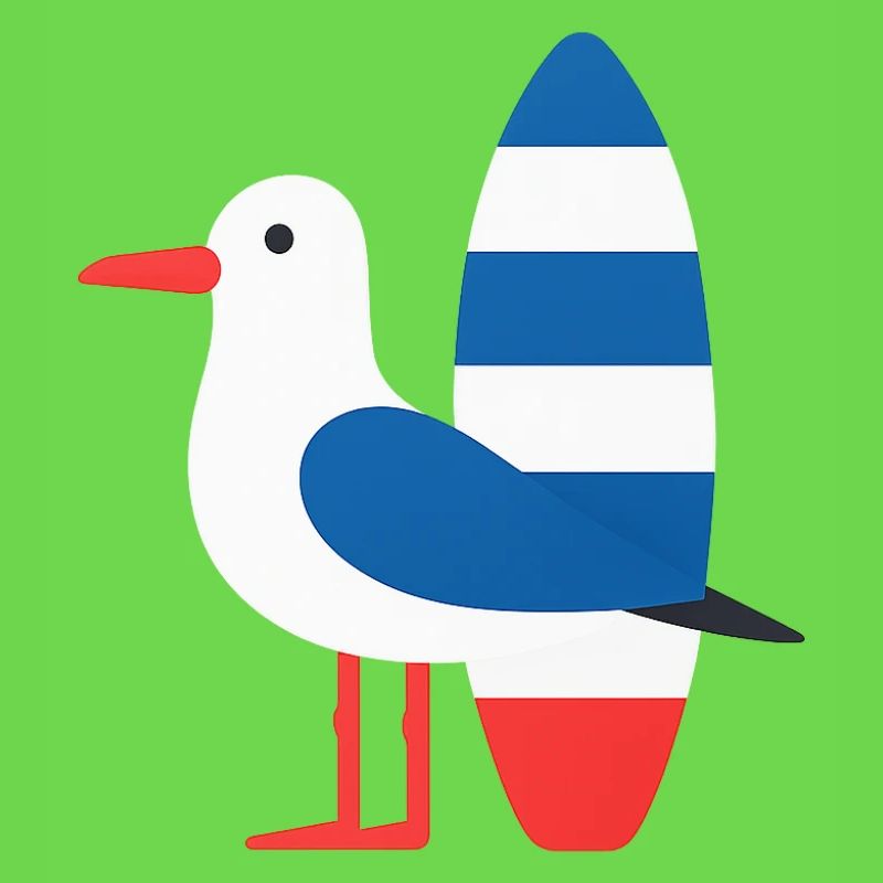 Seagull with surfboard