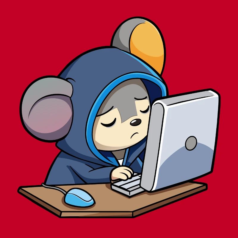 Une souris pirate mignonne dort dans un sweat à capuche devant le PC