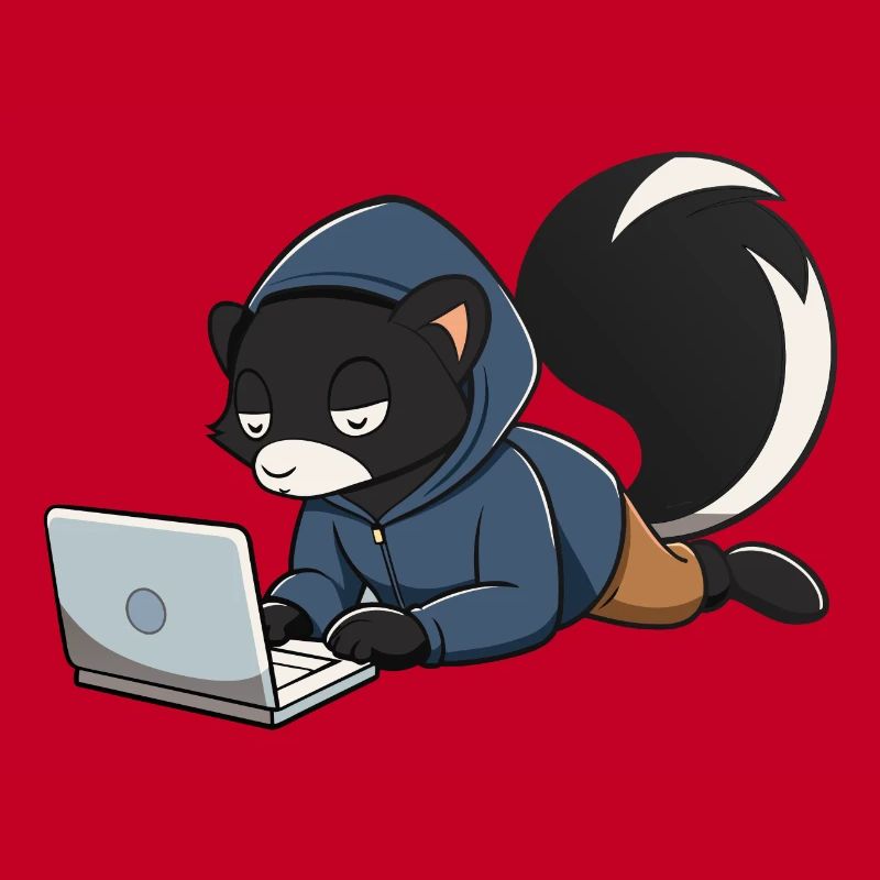 Mignonne mouffette hacker en sweat à capuche devant le PC