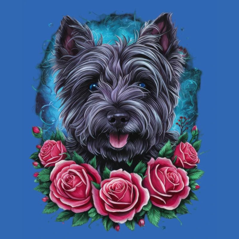 Mignon Cairn Terrier avec des roses colorées