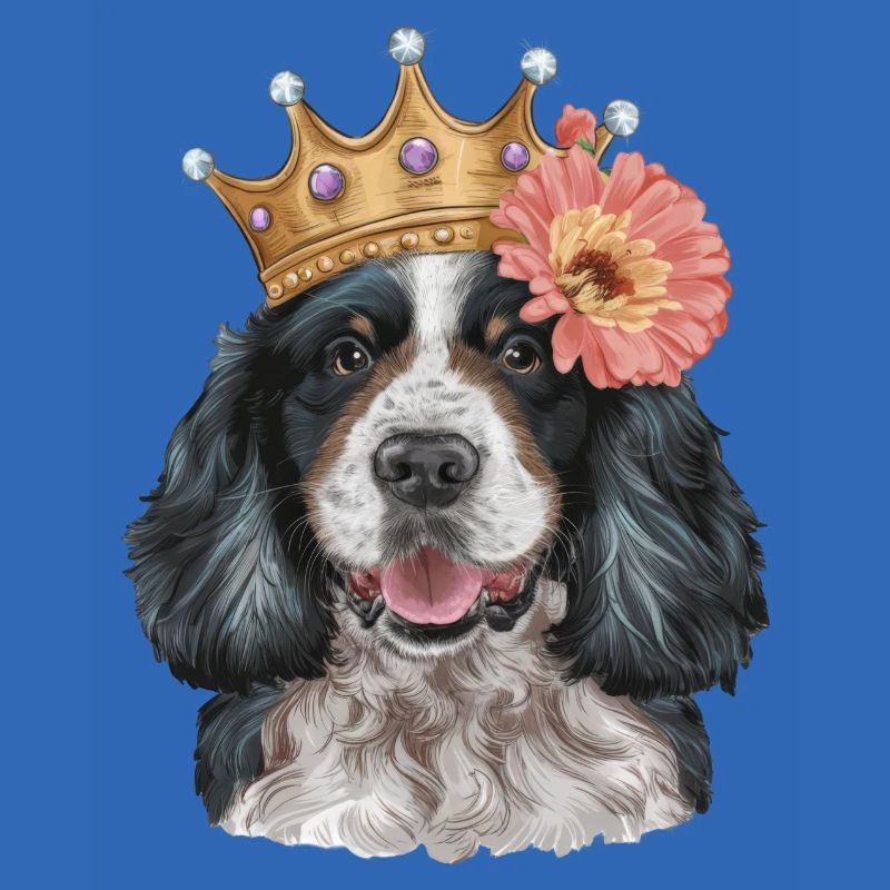 Cocker Spaniel mit Blumen und Krone