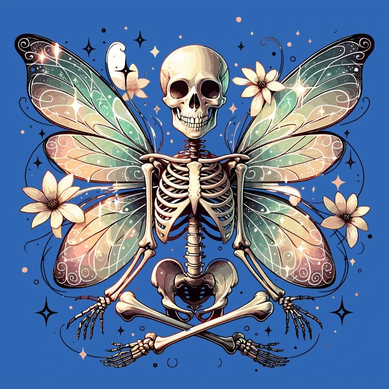 Squelette avec des ailes de papillon et des fleurs