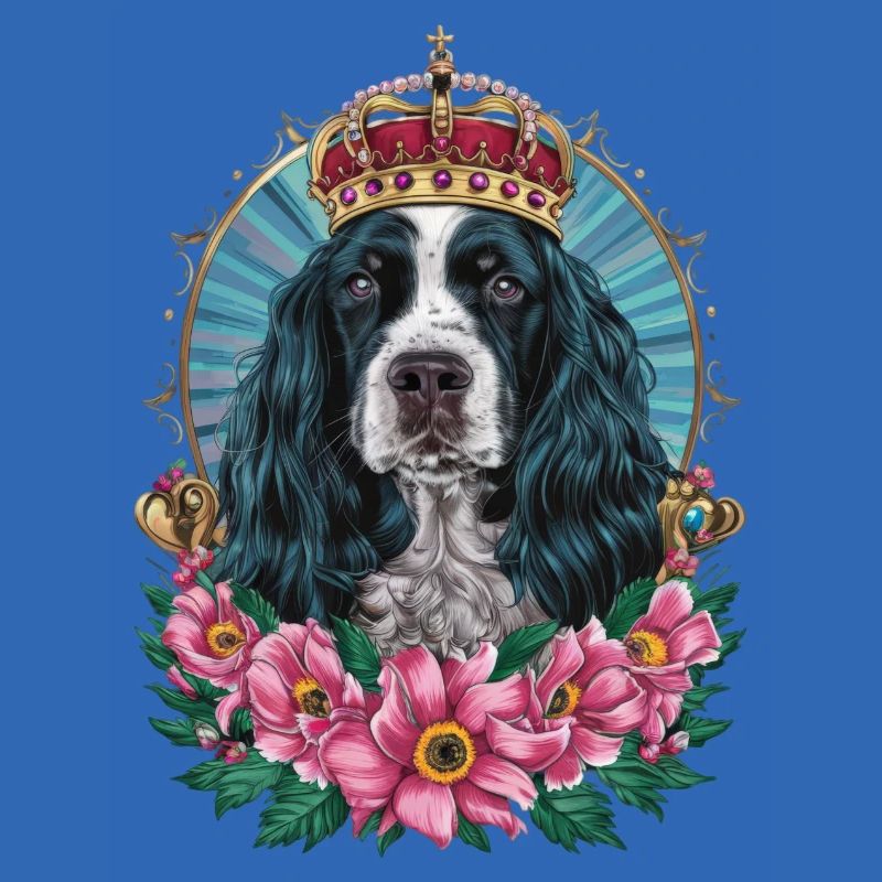 Cocker Spaniel mit Blumen und Krone