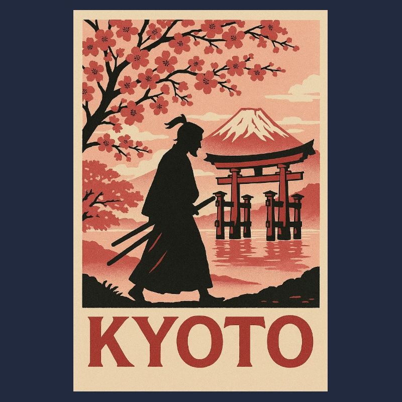 Kyoto Samurai and Cherry Blossoms Silhouette