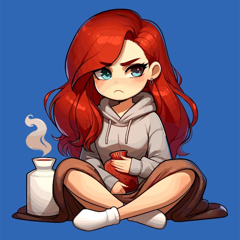 Grumpy anime character with hot water bottle