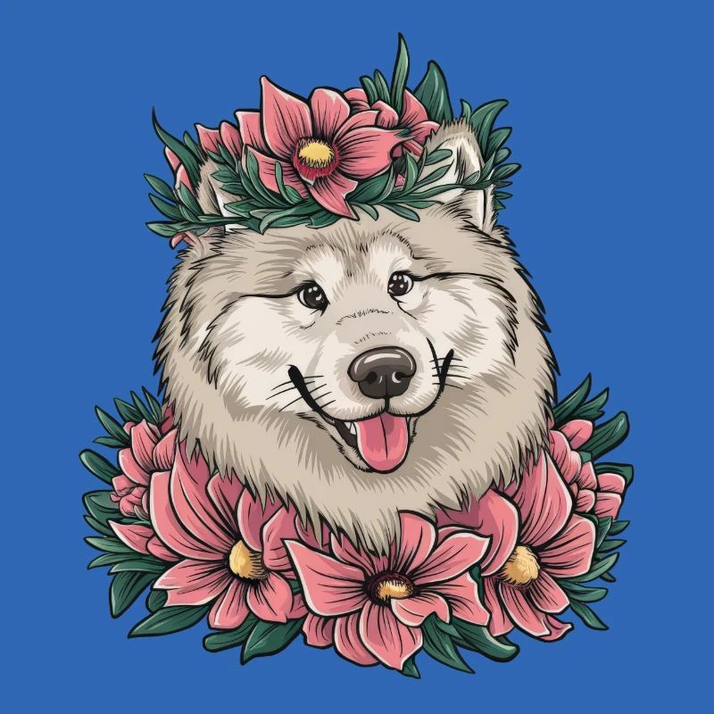 Dentelle de style dessin animé Samoyède avec de belles fleurs