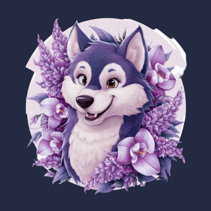 Mignon husky de dessin animé avec de jolies orchidées