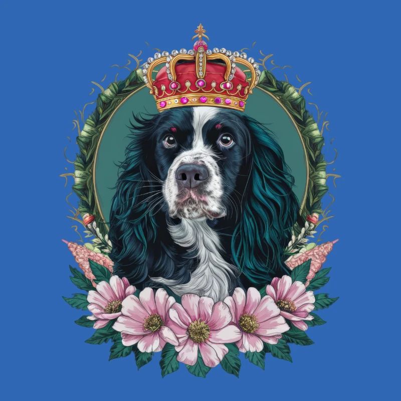 Cocker Spaniel avec fleurs et couronne