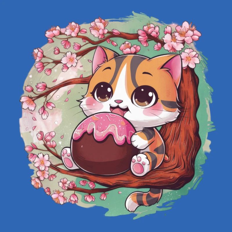 Mignon chat Kawaii avec Hanami Dango + fleurs de cerisier