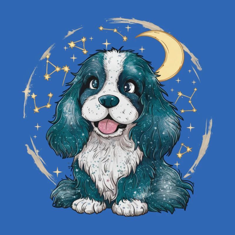 Cocker mignon avec lune et étoiles