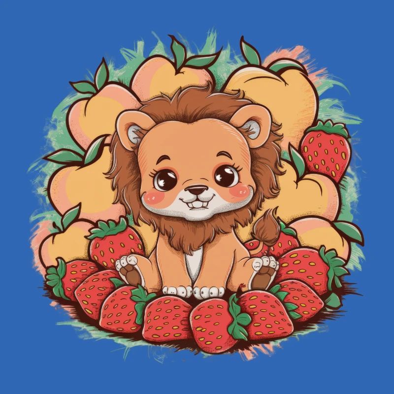 Kawaii Löwe mit Erdbeeren und Pfirsichen