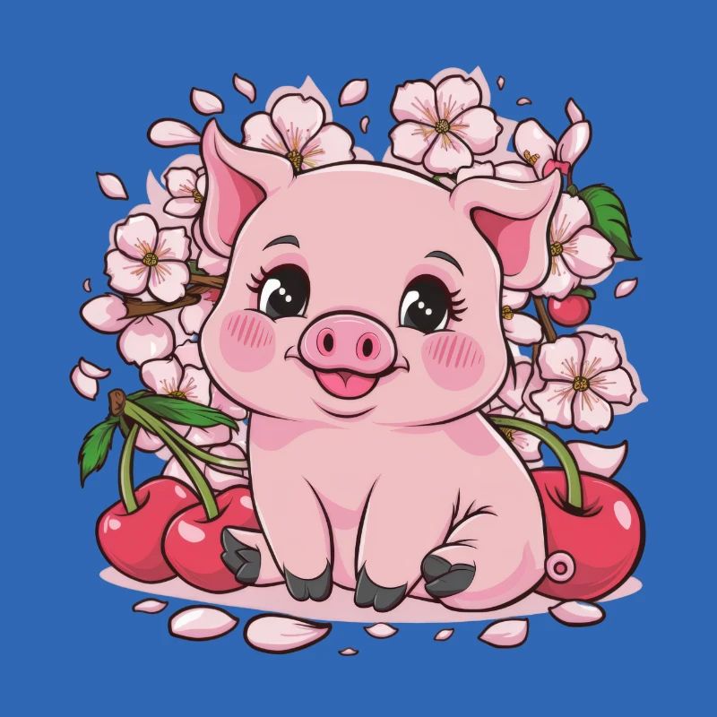 Süßes Kawai Schwein mit Sakura Kirschblüten