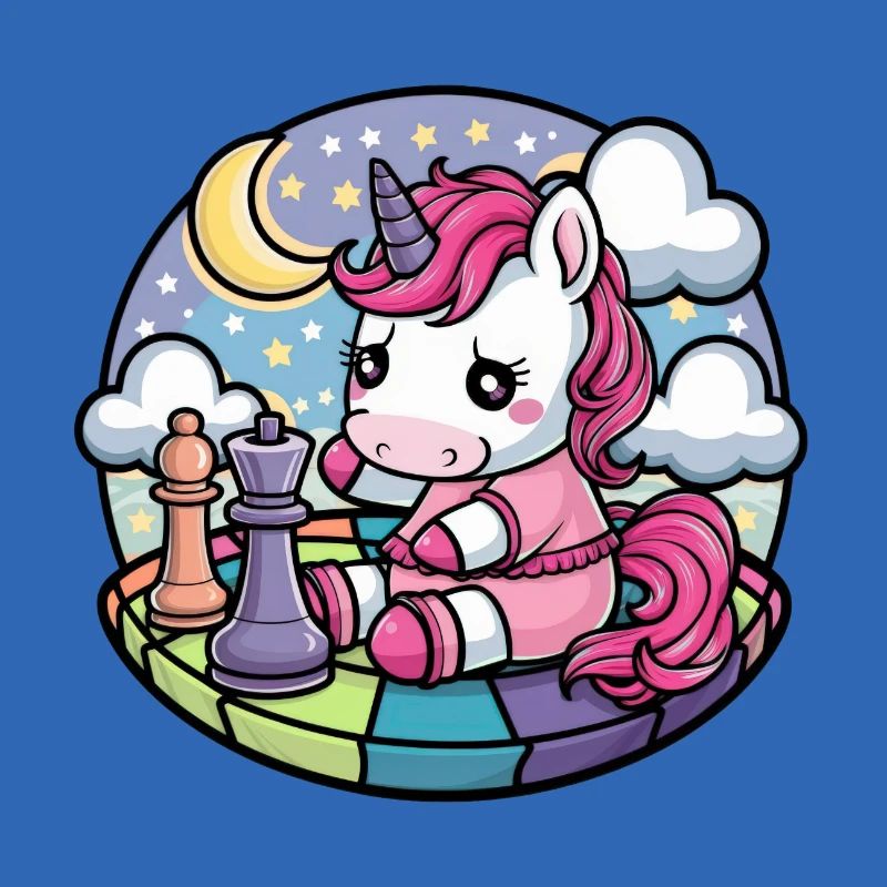 Kawaii Einhorn spielt Schach mit Schachfiguren