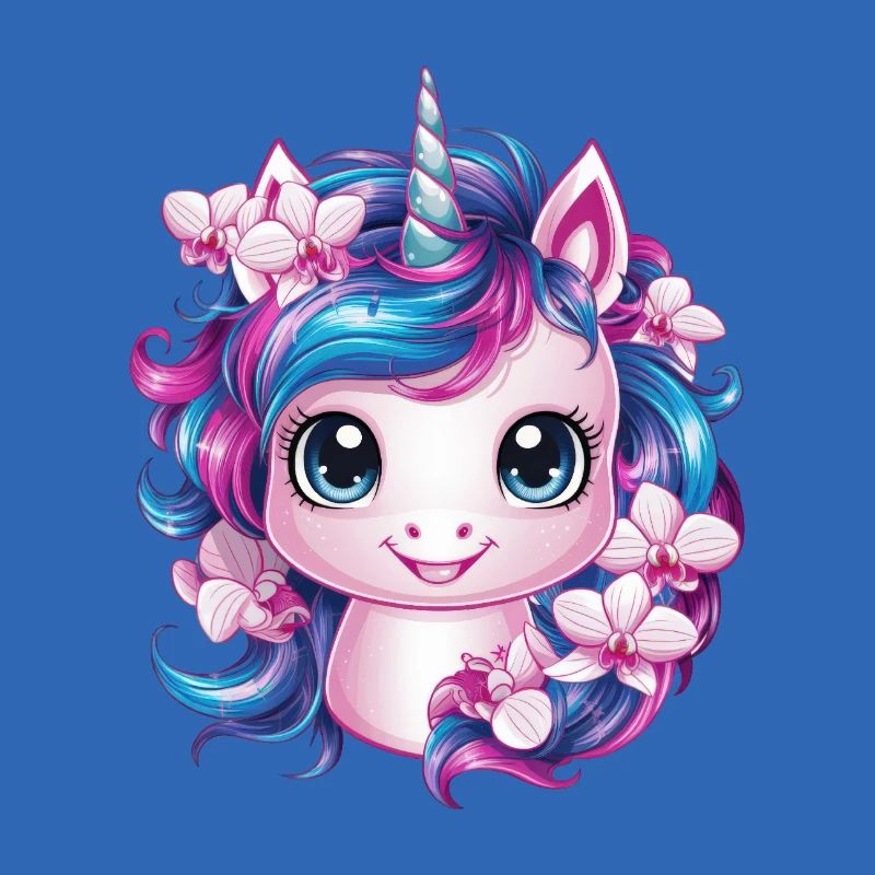 Süßes Einhorn mit Orchideen