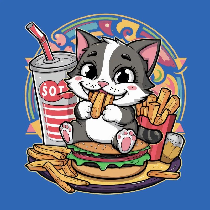 Le chat kawaii adore la restauration rapide