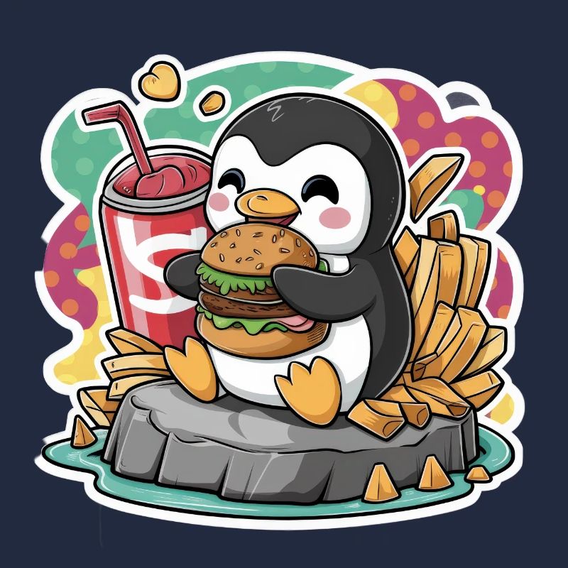 Pingouin avec boisson gazeuse, burger, frites