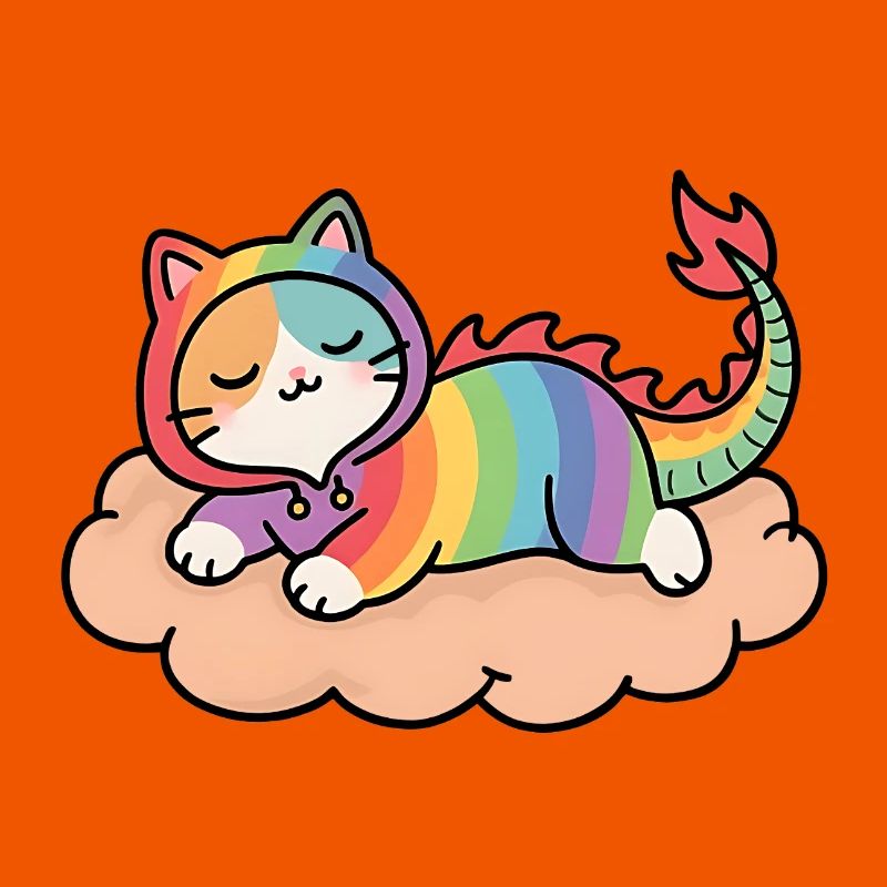 Entspannte Regenbogen-Drachenkatze auf Wolke