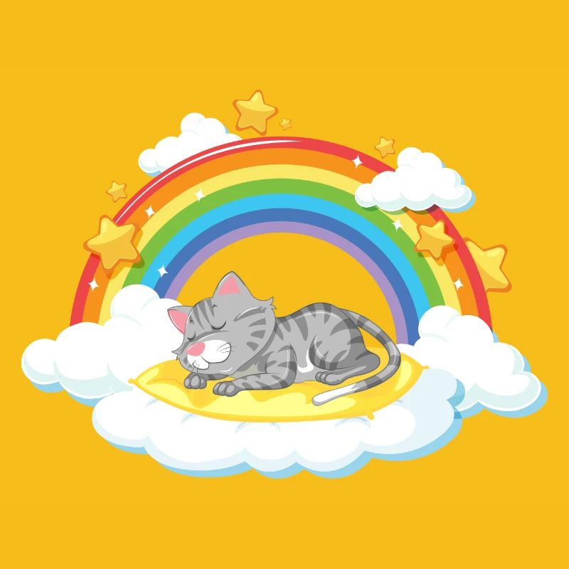 Dreaming Cat on Rainbow Cloud