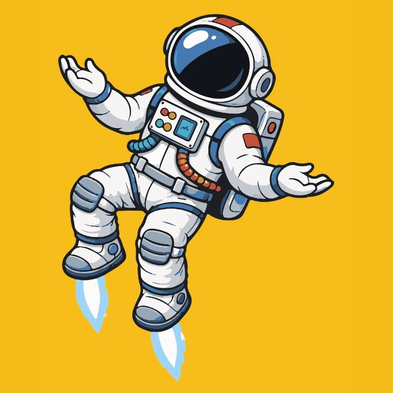 Schwebender Comic Astronaut mit Raketenantrieb