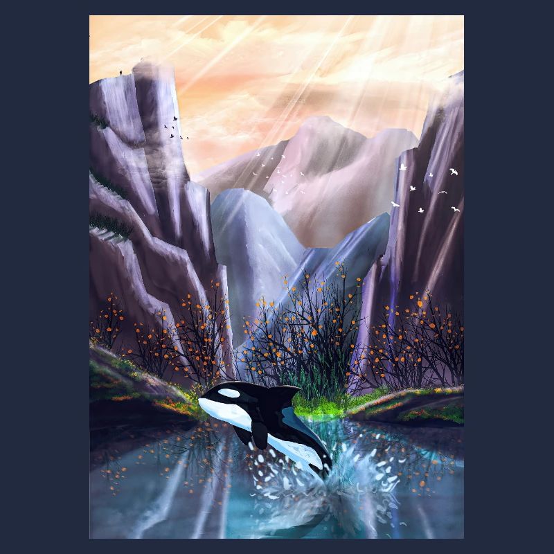 Orca jumping in mountain valley