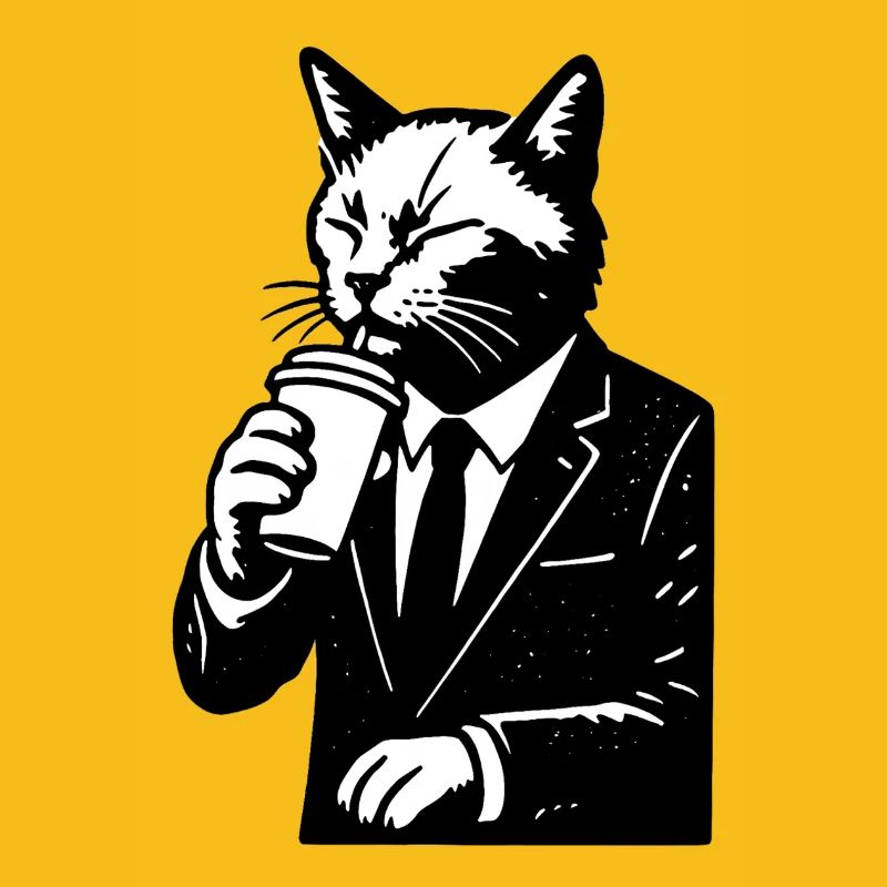 Cat in a suit drinks coffee