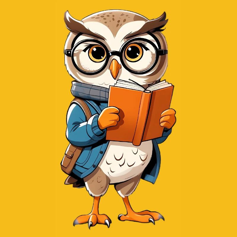 Lernende Eule mit Brille liest Buch