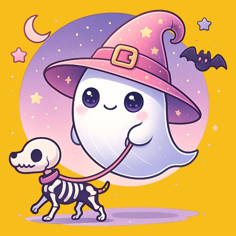 Pinker Hexen‑Geist mit Skelett‑Hund – Halloween