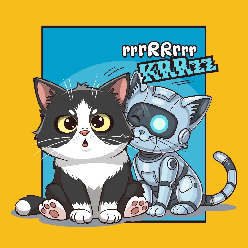 Cat and robot, humor, cartoon, comics