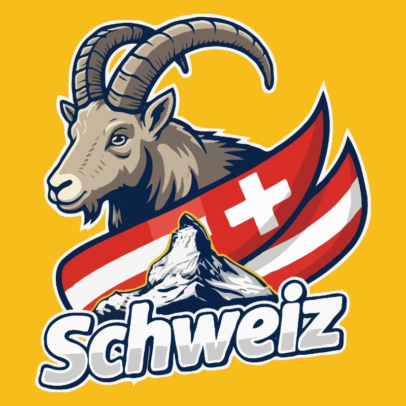 Alpensteinbock mit Schweizer Flagge