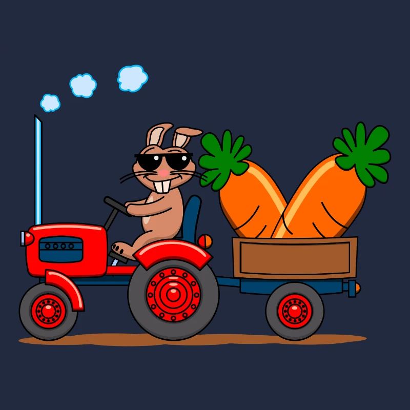 Cooler Hase auf Traktor mit Riesenkarotten