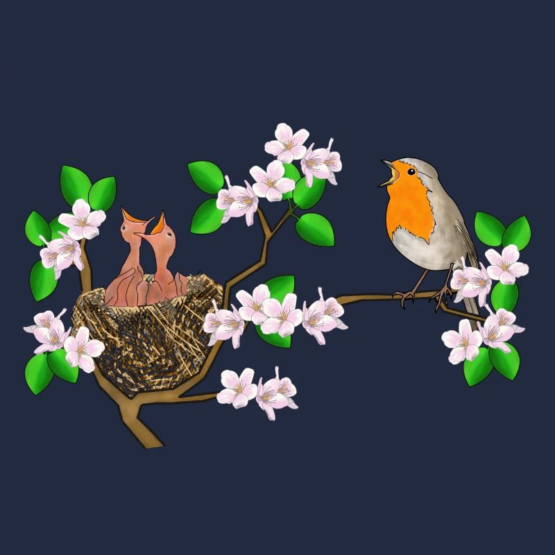 Robins, nest, cherry blossoms