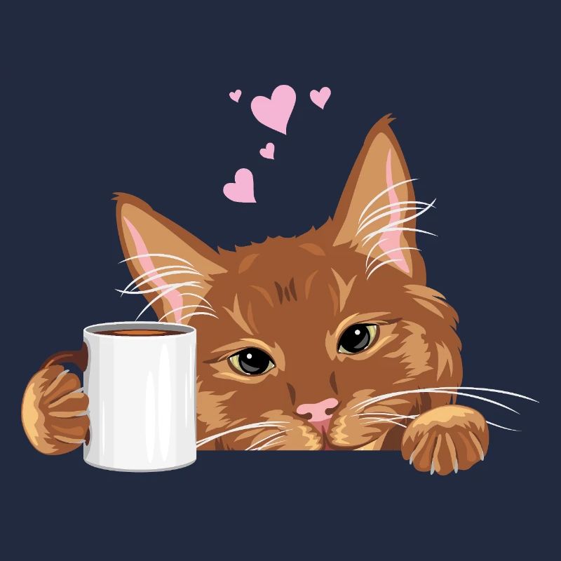 Peeking cute ginger cat with coffee mug