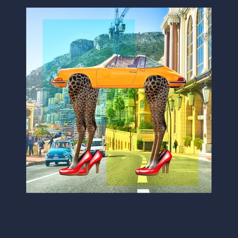 Collage Kunst Surrealismus Leopard Auto Highheels