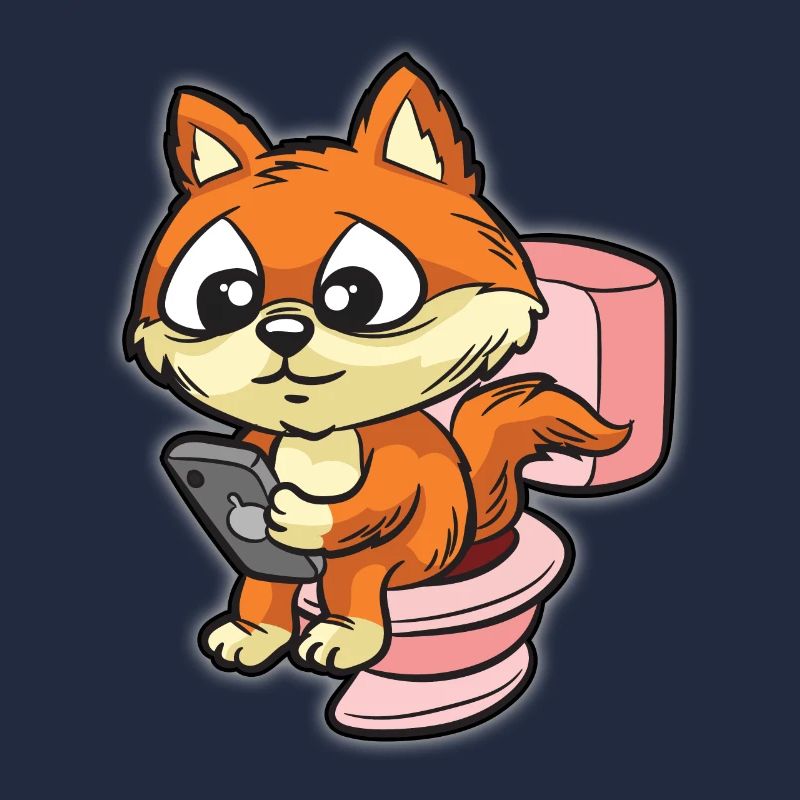 Cute fox using smartphone on toilet