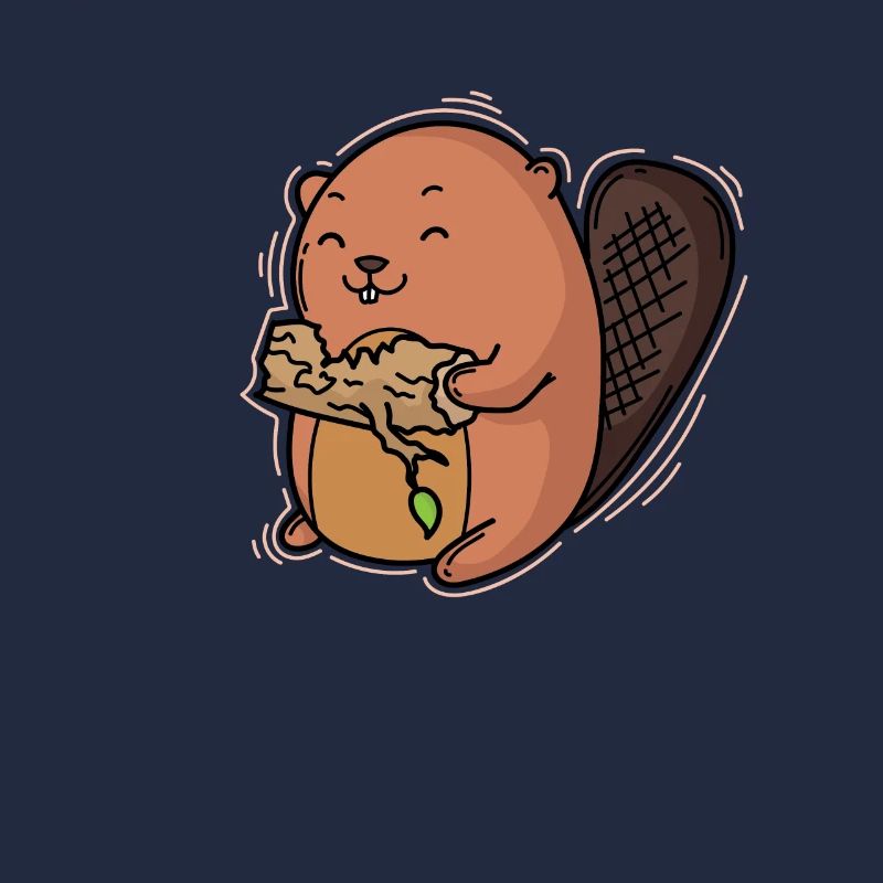 Beaver eats a tree trunk