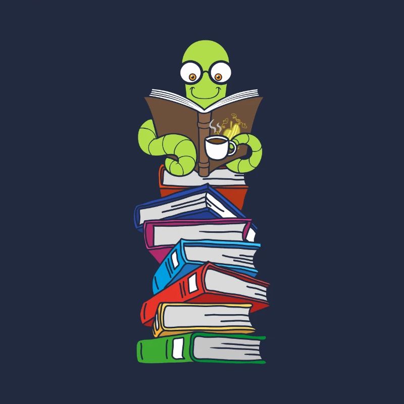 Wurm liest Bücher mit Kaffee