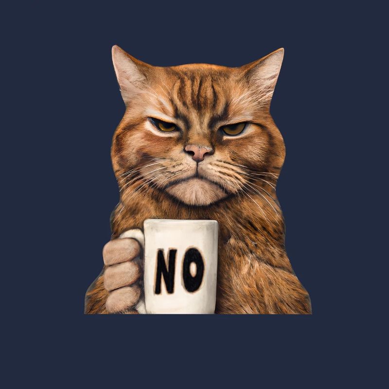 Grumpy funny cat with coffee cup says no